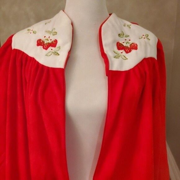 Katz Vintage 70's Embroidered Strawberries Christmas Red Zip Front Robe Size XL - Picture 5 of 12